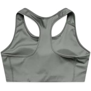 A grey active bra top featuring a racerback design, suitable for sportswear. It has a logo on the back.