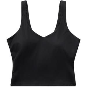 A black active bra tank with a v-neck design and wide straps, featuring a logo.