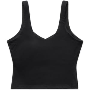 A black active bra tank with wide straps and a V-shaped neckline. The product features a branding logo.