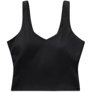 A black active bra tank featuring a v-neck design and wide straps. The garment has a minimalist style and a branding logo.