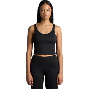 A black active bra tank with a fitted design, featuring a v-neckline and thin straps.