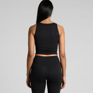 A black active crop tank top displayed from the back, featuring a fitted design and a logo.
