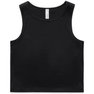 A black active crop tank top with a simple design and a logo.