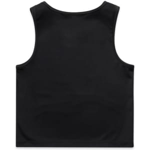 A black active crop tank with a simple design and a logo on the back.