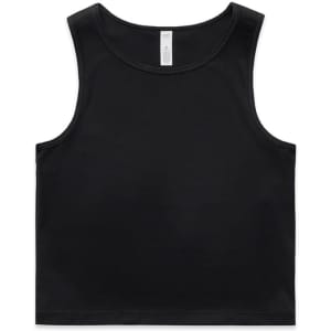 A black crop tank top with a simple design, featuring a logo on the back and wide straps.