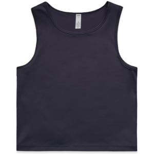 A dark navy blue active crop tank with a sleeveless design and a simple, unadorned style. It features a logo.