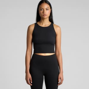 A black active crop tank top with a fitted design, paired with matching black leggings. It features a logo.