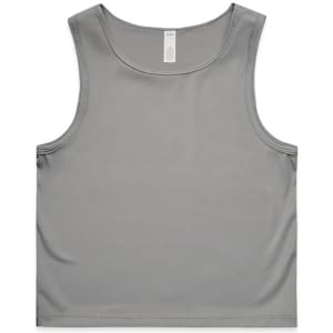 A grey active crop tank top with a simple design and a logo on the label.