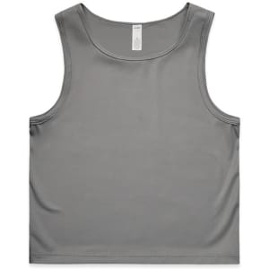 A grey active crop tank top with a simple design and a tag visible at the neckline. Features a logo.