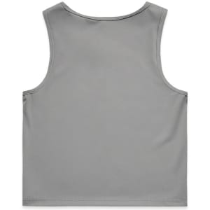 A light grey sleeveless crop tank top featuring a simple design and a logo on the back.