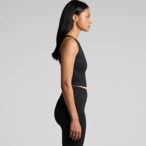 A black active crop tank top with a fitted design, paired with black leggings, displayed on a model from the side.
