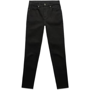 A pair of black skinny jeans with a front button closure and five pockets. The jeans have a branding logo.