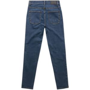 Skinny jeans in a dark blue denim with a back view showcasing two pockets. Features a branding patch on the waistband.