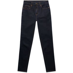Dark blue skinny jeans featuring five pockets and a logo detail. Slim fit design with a classic denim look.