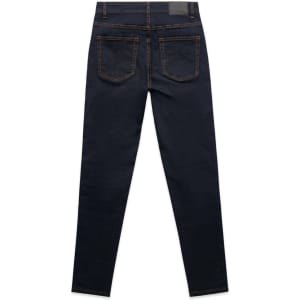 A pair of dark blue skinny jeans with front and back pockets, featuring a logo on the waistband.