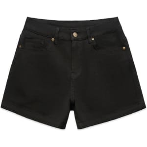 Black denim shorts featuring a classic five-pocket design and a branded logo.