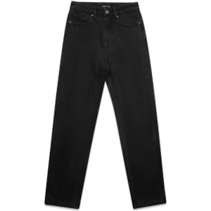 Black straight jeans featuring a classic design and five-pocket styling. The jeans also have a logo on the waistband.