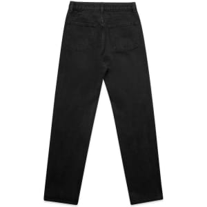 Black straight jeans featuring a simple design and back pockets, with a logo displayed.