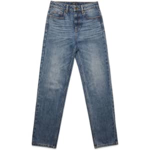 Straight jeans in a faded blue wash with five pockets and a metal button closure. Features logo branding.