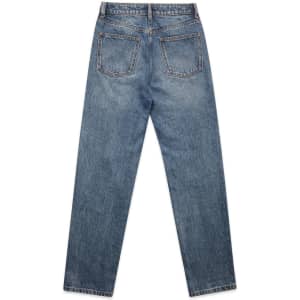 Straight leg jeans in light blue denim, featuring two back pockets and a brand logo.