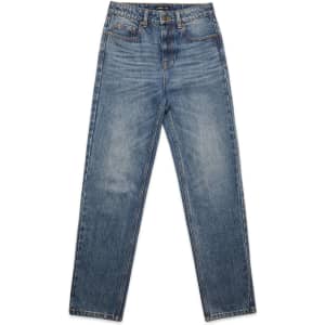 Straight-cut blue denim jeans with a faded finish, featuring front pockets and a brand logo.