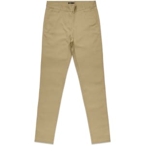 A pair of light khaki slacks with a fitted style, featuring a waistband and front pockets. The product has a logo.