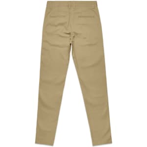 A pair of tan pants with a slim fit, featuring rear pockets and a logo tag.