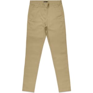 A pair of khaki standard pants with a fitted design, featuring a waistband and a logo.