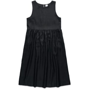 A black linen dress featuring a sleeveless design with a gathered skirt and a logo tag at the neckline.