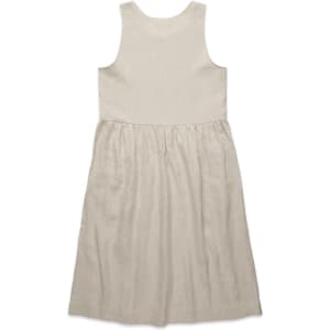 A linen dress in a soft beige colour, featuring a sleeveless design and a gathered skirt.