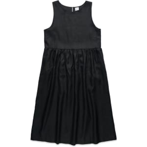 A black linen dress with a sleeveless design and gathered skirt, featuring a simple, elegant silhouette.
