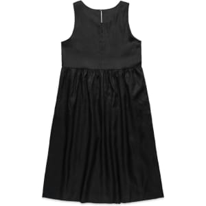 A sleeveless black linen dress with a gathered lower section and a back zip closure. It has a simple, elegant design.
