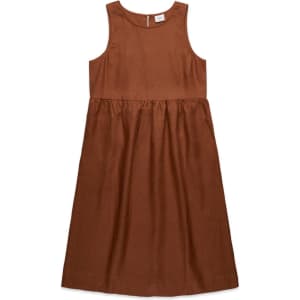 A brown linen dress with a sleeveless design and gathered waist, featuring a simple and elegant silhouette.