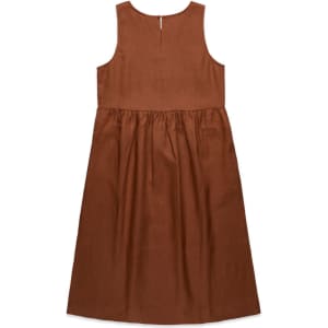 A brown linen dress featuring a sleeveless design and a gathered skirt. The back has a zip closure.