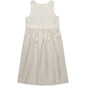 A linen dress in a soft cream colour, featuring a sleeveless design and gathered skirt. It has a back zipper.