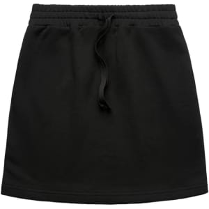 A black terry skirt featuring an elastic waistband and drawstring. The design is simple and minimalist.