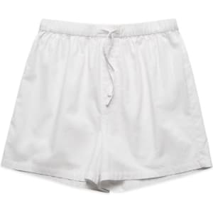 A pair of white pyjama bottoms with an elastic waistband and drawstring, featuring a simple design.