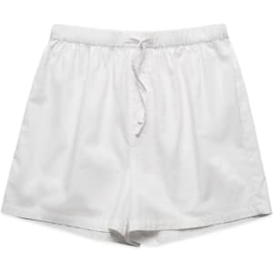 White pyjama bottoms with an elastic waistband and drawstring, featuring a simple design with no visible patterns.