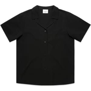 A black short-sleeved pyjama top with a collar and button closure, featuring a logo.