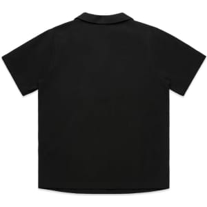 A black short-sleeved pyjama top with a collared neckline and a plain back. It features a logo on the label.