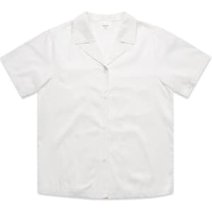 A white short-sleeved pyjama top with a collar and buttons, featuring a logo on the fabric.