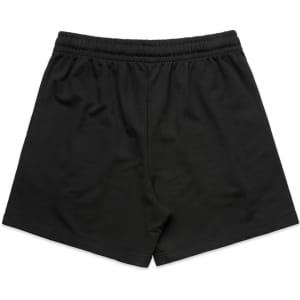 Black sports shorts featuring an elastic waistband and a simple design, with a logo on the waistband.