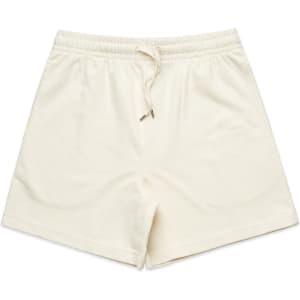 Cream-coloured sports shorts with an elastic waistband and drawstring, featuring a subtle logo.