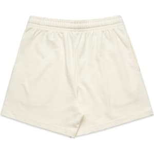 Cream-coloured sports shorts with an elastic waistband and a single side pocket, featuring a logo.