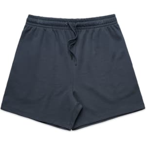 A pair of dark grey sports shorts with an elastic waistband and drawstring, featuring a logo.