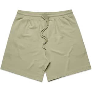 A pair of light green sports shorts featuring an elastic waistband and drawstring. It has a logo.