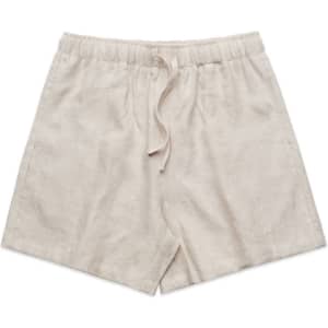Linen shorts in a light beige colour, featuring an elastic waistband and drawstring detail.