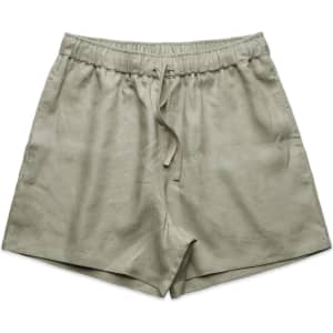 Linen shorts in a muted olive green shade with an elastic waistband and drawstring detail.