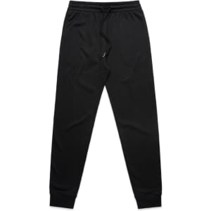 Black track pants with an elastic waistband and cuffed ankles. The design includes a logo.