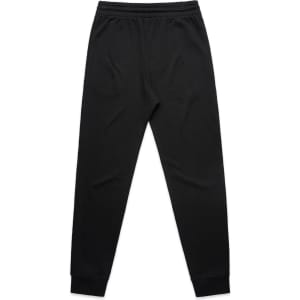Black track pants with a fitted design and an elastic waistband, featuring cuffs at the ankles.